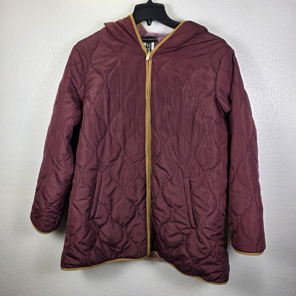 Susan Graver Reversible Quilted Woven & Plush Fleece Jacket Cherry Size 1X
